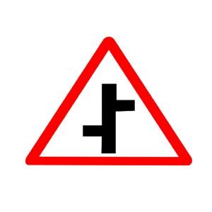 LADWA Staggered Intersection Cautionary Retro Reflective Road Signage - 600 mm Triangle (Red White, Aluminum Composite Panel)