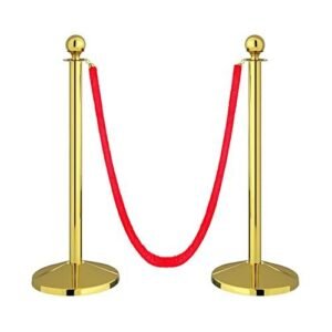LADWA Set of 2 Golden Finish Q Manager with Red Velvet Rope for Ensuring Social Distancing, Queue Manager with 1.5m Rope, Barricade, Stanchions (Set of 2 Pillar and 1 Rope)