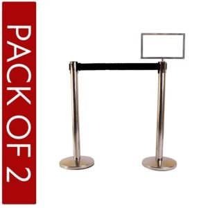 LADWA Set of 2 Q Manager, 202 Grade Extendable 2.25 mtr Hook Type Stanchions Barrier Accessories Steel Barricade, Que Manager with A3 Sign Plate - Black Tape