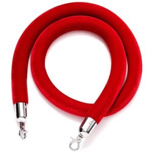 LADWA 1.5m Crowd Control Rope Divider with Chrome Plated Hooks, Red Velvet Stanchion Rope, Queue Manager Partition Barrier, 1pc Silver Hooks